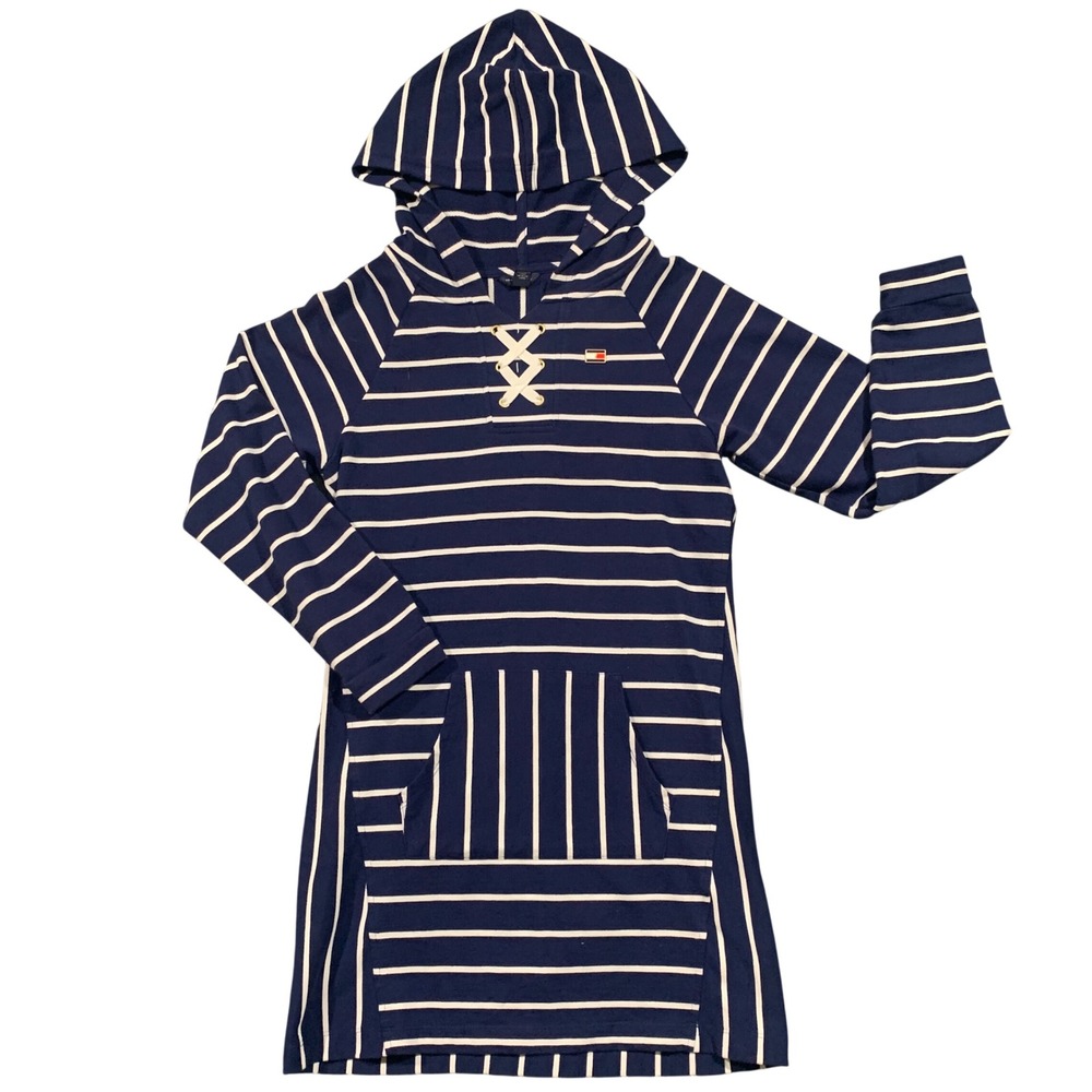 Tommy Hilfiger Girls Nautical Striped Hooded Dress Lace Up Pockets Size XL 16